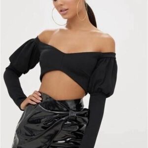 PrettyLittleThing Black Off-Shoulder Puff Sleeve Crop Top